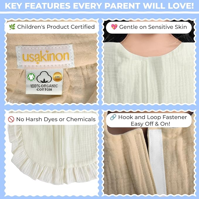 usakinon® 100% Organic Muslin Cotton Baby Bibs 2 Pack – Soft, Absorbent & Safe Newborn Essentials, CPC Certified