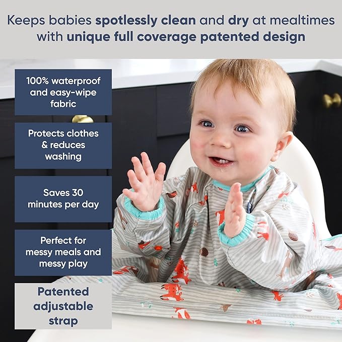 BIBaDO - Long Sleeve Baby Bibs - Babies & Toddlers 6-36 Months - Coverall Baby Led Weaning Bib - Easy Wipe, Soft & Waterproof