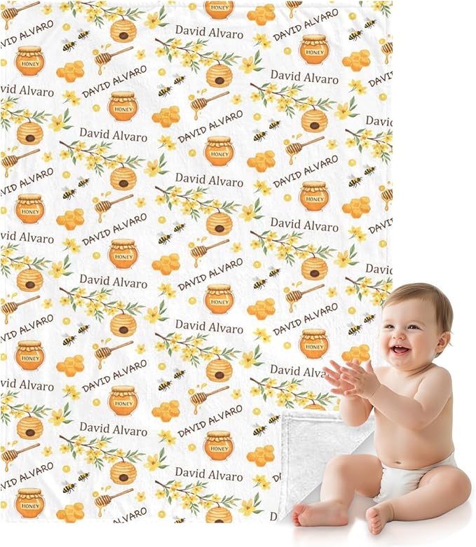 Ship Next Day, Personalized Baby Blanket for Boys Girls - Printed in USA, Custom Name Toddler Blanket with Honey Pattern, Perfect Newborn Gift