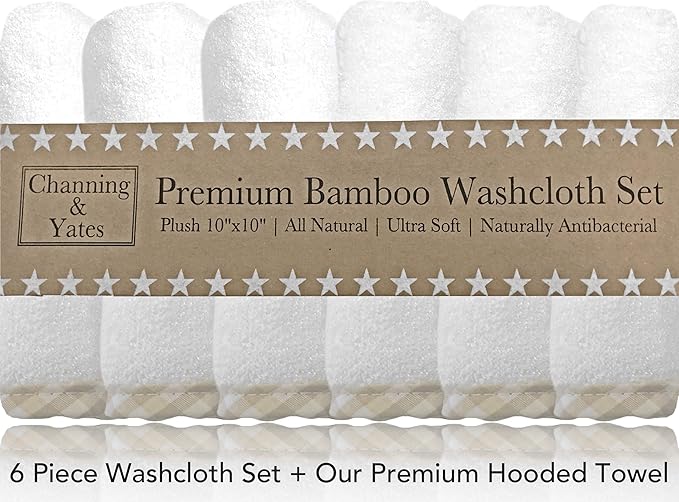 Channing & Yates Premium Boutique Hooded Baby Towels and 6 Washcloth Set - Organic Viscose Made from Bamboo Baby Towel with Hood Gift Bundle (Beige Set)