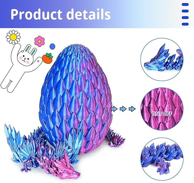 3D Printed Dragon Eggs with Articulated Fly Dragon Inside, Collectible Figurines Fidget Toy for Adults Kids Birthday Easter Christmas White Elephant Gifts for Friends Colleagues(Purple, L size)