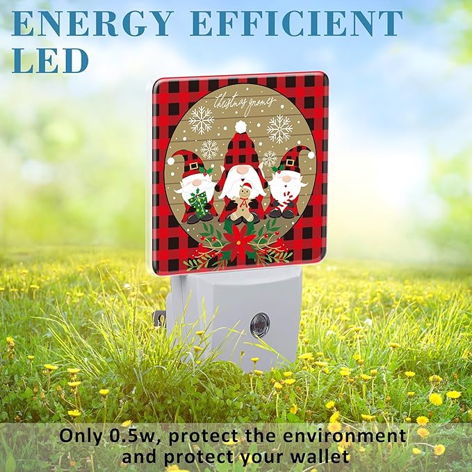 Christmas Gnome Red Black Plaid Night Light for Kids, LED Night Light Plug into Wall with Dusk to Dawn Sensor for Girls Boys Women Men Room Decor, Hallway, Kitchen, Bathroom, Nursery, Stairs