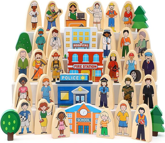 Atoylink 36Pcs Wooden Community Helpers Pretend Play Toys for Kids 3 4 5 6 Year Old, Wooden People Figures Blocks Occupations Dress up Toddlers Preschool Learning Toys Boys Girls Birthday Gifts