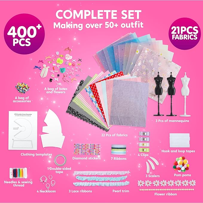 Klever Kits 400+PCS Fashion Design Crafts for Kids, Art and Crafts, DIY Sewing Kits with 3 Mannequins for Girls Aged 8-12, Birthday Presents, Toys for Kids