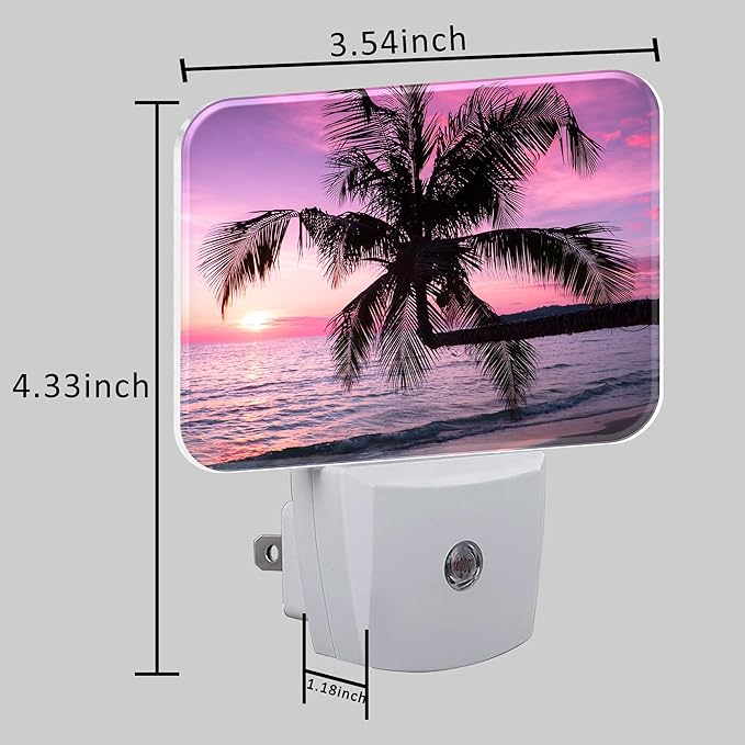 Beautiful Purple Pink Sunset Night Light Tropical Palm Tree Nightlight Plug into Wall with Dusk to Dawn Sensor for Kid Girls Boys Women Men Room, Hallway, Kitchen, Bathroom, Stairs Decor