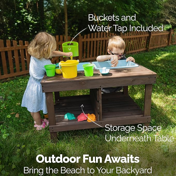 WONKAWOO Sand and Water Table for Toddlers | Outdoor Wooden Sensory Sand Table with 2 Plastic Bins, Built-in Water Tap and Beach Toys Included | Sand & Splash Oasis™ Standing Play Activity Table