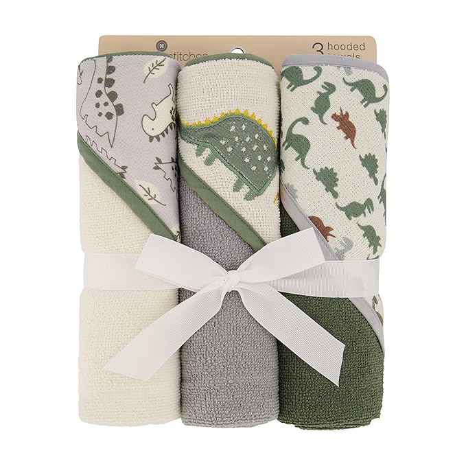 Cudlie Buttons & Stitches Baby Boy 3 Pack Rolled/Carded Hooded Towels in Dino Roar Print (GS71721)
