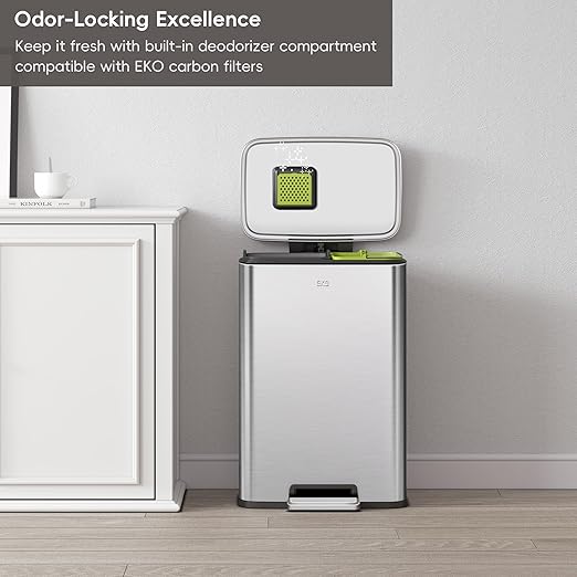 EKO Madison Brushed Stainless 25L+20L Dual Compartment Step Trash Can with Inner Liner, Recycling Bin, Soft-Close Lid, Fingerprint-Resistant Finish, and Durable Stainless Steel for Home and Office