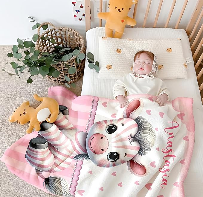 Personalized Baby Blanket for Girls, Custom Baby Blanket with Name, Soft Cozy Personalized Name Blankets for Kids, Customized Zebra Blanket for Infant Toddler Birthday Christmas
