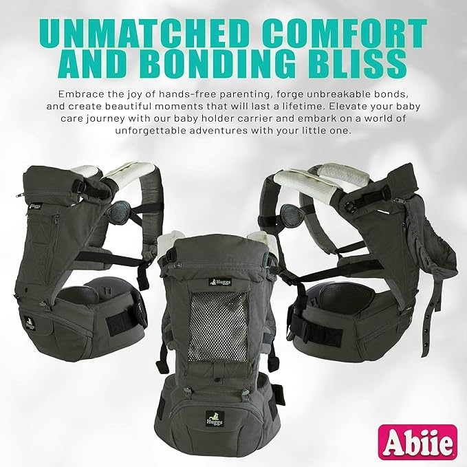 Abiie HUGGS 3-in-1 Baby Carrier with Hip Seat - Front Facing, Hip Hugger, Back Baby Carrier - Healthy Sitting (M) Position, 3 Mos.-Toddler - Buckle Type Closure - Approved by US Safety Standards
