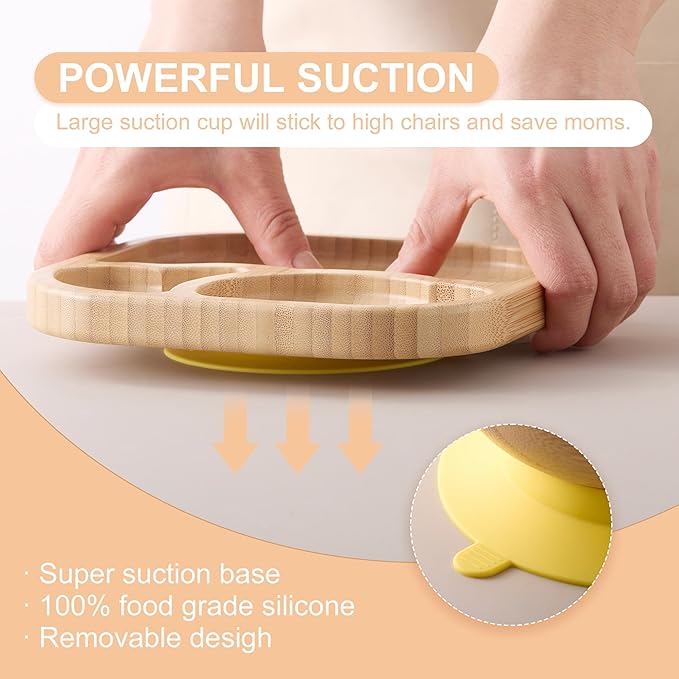 Suction Plates Bowls Set for Baby Toddler Non-Toxic Bamboo Feeding Set with Silicone Fork & Spoon (Yellow Feeding Set)