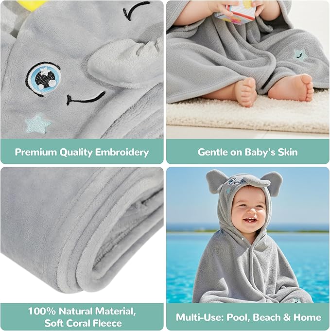 HECCEI HoodieHug Baby Towels, Premium Coral Fleece Bath Towel with Large Size-Ultra Absorbent for Baby Comfort- Great Gift for Newborn, Toddler and Kid (Elephant)