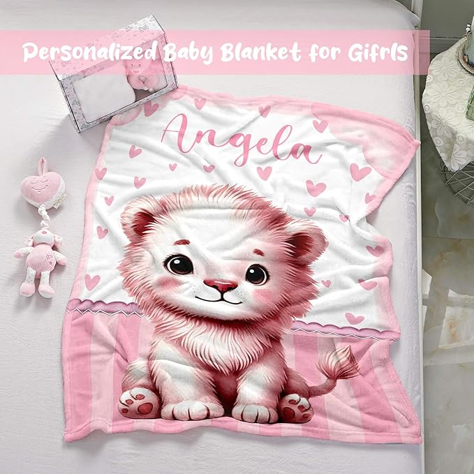 Personalized Baby Blanket for Girls, Custom Baby Blanket with Name, Soft Cozy Personalized Name Blankets for Kids, Customized Lion Blanket for Infant Toddler Birthday Christmas