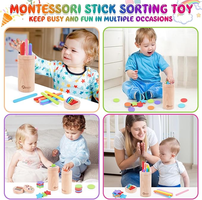 FCSONU Toddlers Montessori Toys for 1 2 3 Year Old Boys Girls, Wooden Learning Color Sorting Toys for Ages 2-4 Kids, Sensory Toys for Toddlers 1-3, Halloween Birthday for Baby 12-18 Month Old