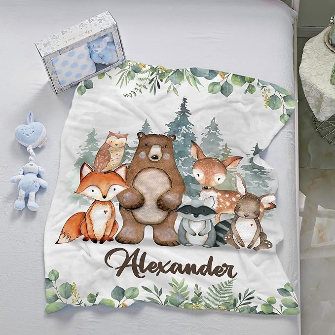 J&SBGFT Personalized Baby Blanket with Name, Customized Name Receiving Blanket for Boys' Crib, Stroller & Nursery - Forest Animal Theme