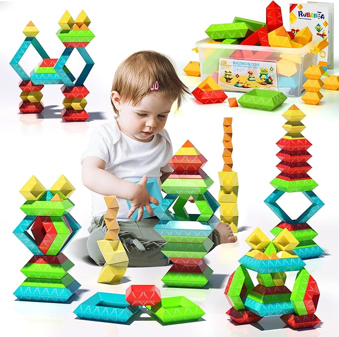 40Pcs Montessori Toys for Ages 3 4 5 6 Toddlers Kids Baby,Pyramid Stacking Building Toys,3D Preschool Learning Blocks for Kids,STEM Sensory Toy Gifts for 3-5 Year Old Boy Girl,Plastic Storage Bag Set