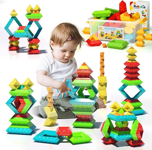 40Pcs Montessori Toys for Ages 3 4 5 6 Toddlers Kids Baby,Pyramid Stacking Building Toys,3D Preschool Learning Blocks for Kids,STEM Sensory Toy Gifts for 3-5 Year Old Boy Girl,Plastic Storage Bag Set