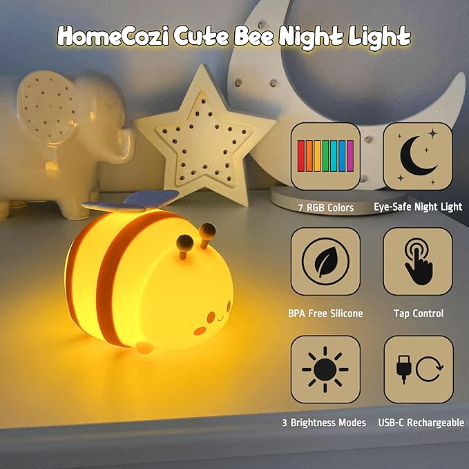 Cute Bee Night Light – Silicone Rechargeable Touch-Controlled Dimmable RGB Lamp with Adjustable Brightness & Multiple Color Modes – Ideal for Kids' Nursery, Bedroom, and Bedtime Décor