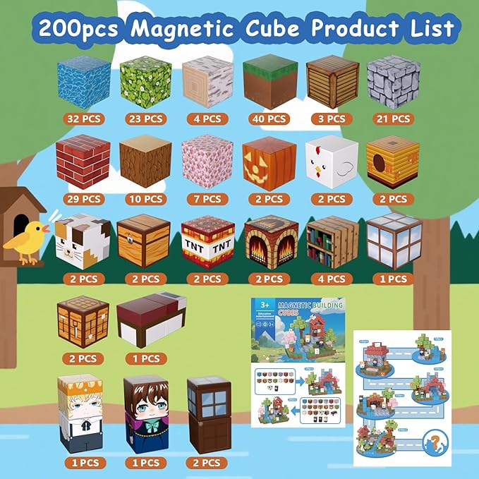 200PCS Magnetic Building Blocks for Kids, Magnet Cubes STEM Educational Magnet Stacking Toys for Age 3-5 4-8 8-12, Sensory Play Montessori Toys for Boys and Girls, Creative Construction Forest