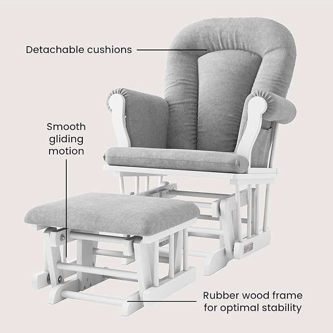 Child Craft Cozy Glider Rocker and Ottoman Set, Padded Cushion with Convenient Storage Pockets, Solid Wood Base & Frame (Matte White with Light Gray Cushion)