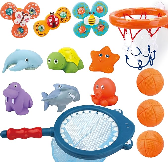 Bath Toys Playset, Fun Basketball Hoop & Balls, Bathtub Pool Shooting Game & Fishing Game, Sensory Suction Cup Spinner Spinning Top Baby Toy, for Little Boys Girls Kids Toddlers