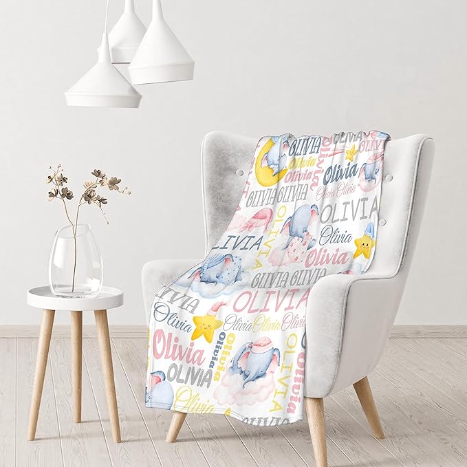 Personalized Elephant Baby Blanket with Name - Custom Swaddle Blanket for Toddlers, Infants, Kids & Newborns - Shower Gift
