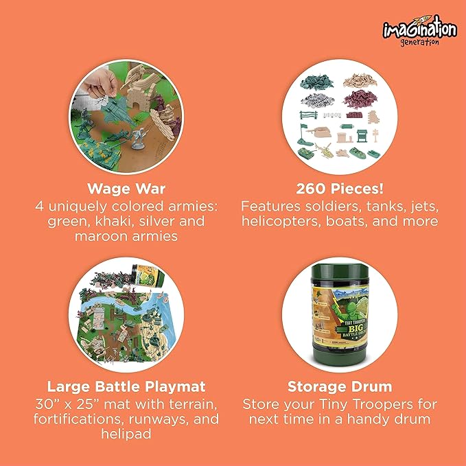 Imagination Generation Army Men Big Battle Playset Deluxe Army Toys and Green Army Men - Set Includes Tan and Green Army Men, Tanks, Jets, Walls, Helis, Battlefield Mat and More (260 pcs)