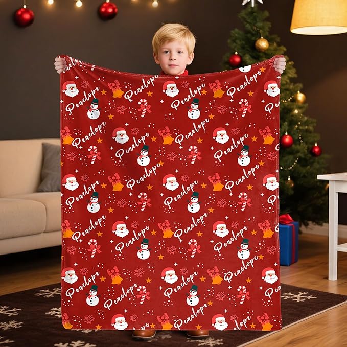 Custom Christmas Blanket with Name,Personalized for Grandkids,Customized Flannel Blankets Throw for Baby Boys Girls