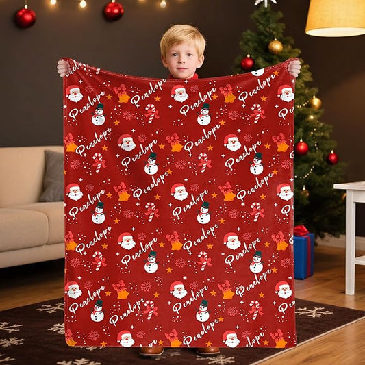 Custom Christmas Blanket with Name,Personalized for Grandkids,Customized Flannel Blankets Throw for Baby Boys Girls