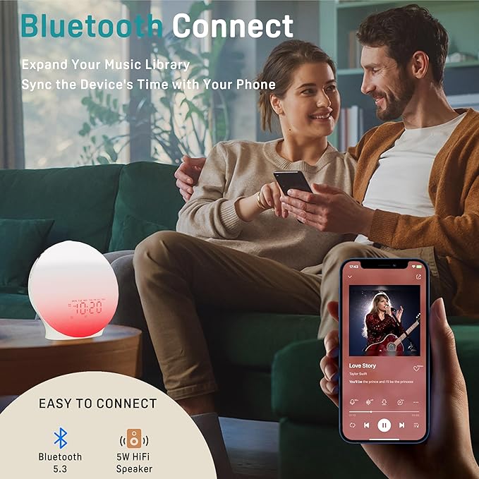 Sunrise Alarm Clock White Noise Sound Machine with 25 Soothing Sounds, 17 NightLights, Bluetooth Speaker Wake Up Light Alarm Clock for Bedrooms, Heavy Sleepers, Baby, Kids, Adults, Seniors, Ideal Gift