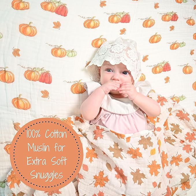 LollyBanks Baby Blanket, 100% Cotton Muslin Swaddle Blankets for Boys and Girls, Large 47 x 47 Inches Newborn Blanket, Soft and Breathable Baby Swaddle, Newborn Essentials, Registry (Pumpkin Print)