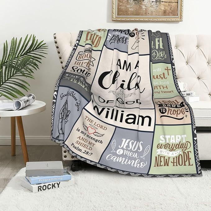 Personalized Baby Blanket with Name Christian Gift - Plush Baptism Blanket with Scripture Quote Swaddle Bible Verse for Newborn Boys Birthday Christmas Christening Godchild