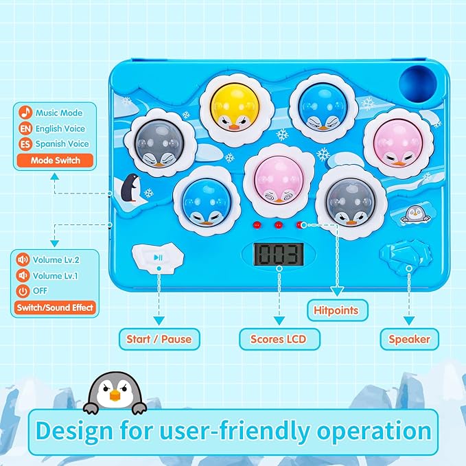 FS Pounding Toys, Penguin Pounding Game for Toddler, Interactive Music Toys for Kids Ages 3-5 Years Old Boys and Girls, Game Toy with 2 Hammers, 36 Levels