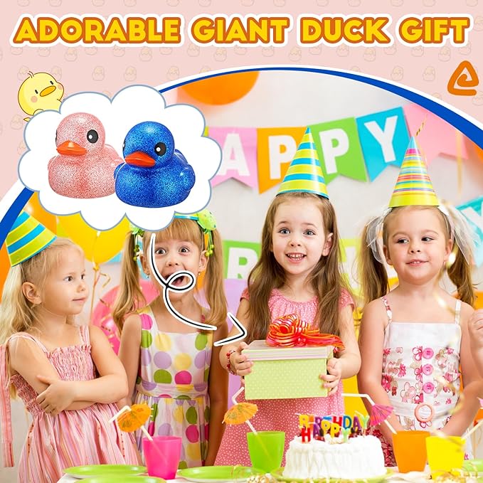 Honoson 2 Pcs 6.89 Inch Giant Glitter Rubber Ducks Big Sparkly Rubber Ducks Jumbo Bathtub Toys with Squeaky Sound for Baby Shower Pool Activity Birthday Gift(Glitter,Blue, Pink)