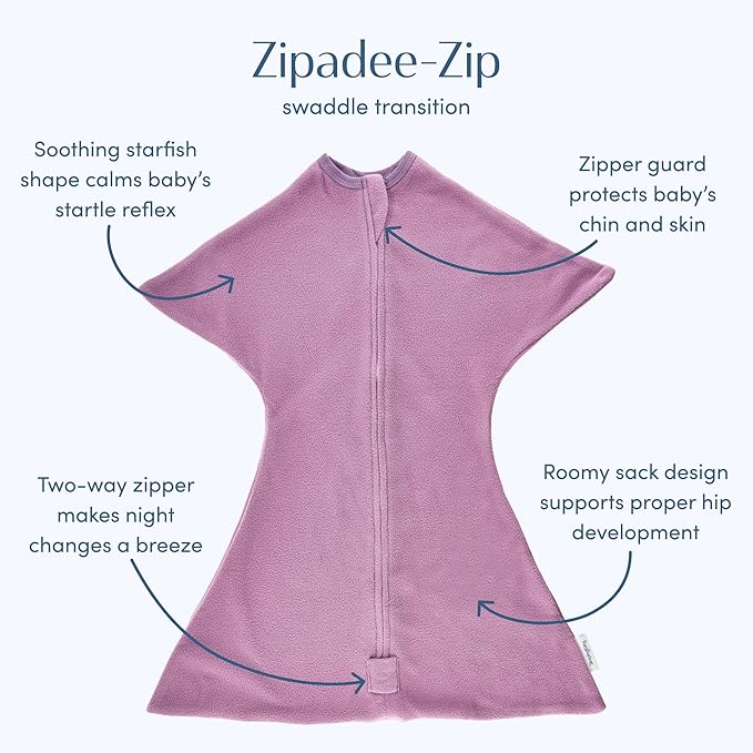 SleepingBaby Zipadee-Zip Transition Swaddle - Cozy Fleece Wearable Blanket with Two-Way Zipper for Baby Sleep - Lavender, Medium (6-12 Month)