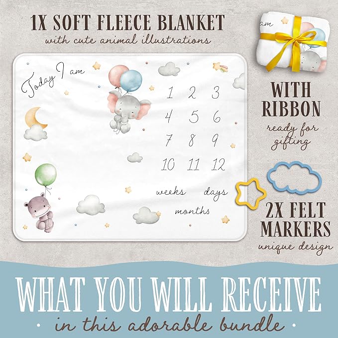 Baby Milestone Blanket, 40x50in Soft Flannel, Custom Cloud & Star Design with Baby Animals, Includes Yellow Star & Blue Cloud Milestone Markers, Perfect, White & Pastel Colors