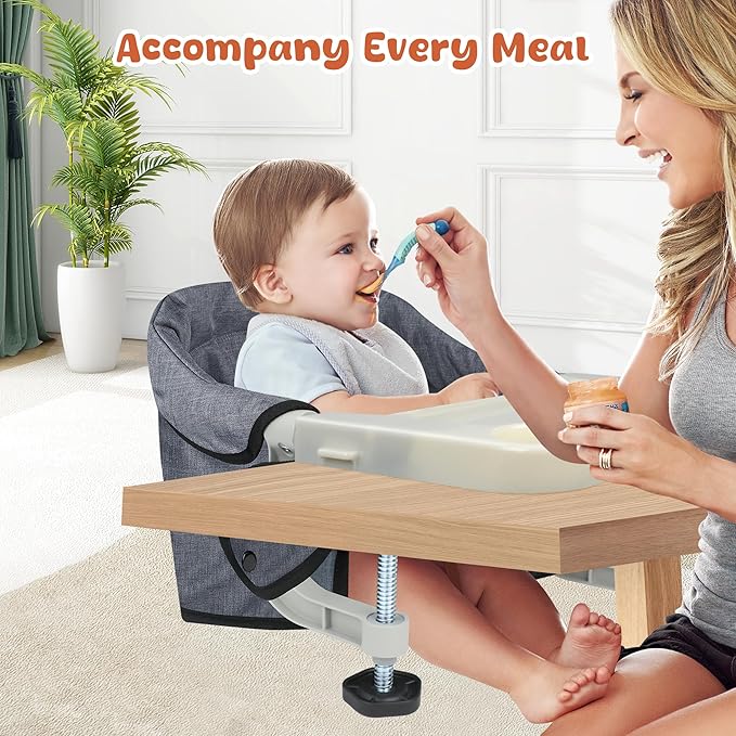 Hook On High Chair, Jozzve Clip on High Chair with Removable Dining Tray for Babies and Toddlers, Fold-Flat Storage Portable Baby Feeding Seat, Attach to Fast Table Chair for Home Travel (Grey)