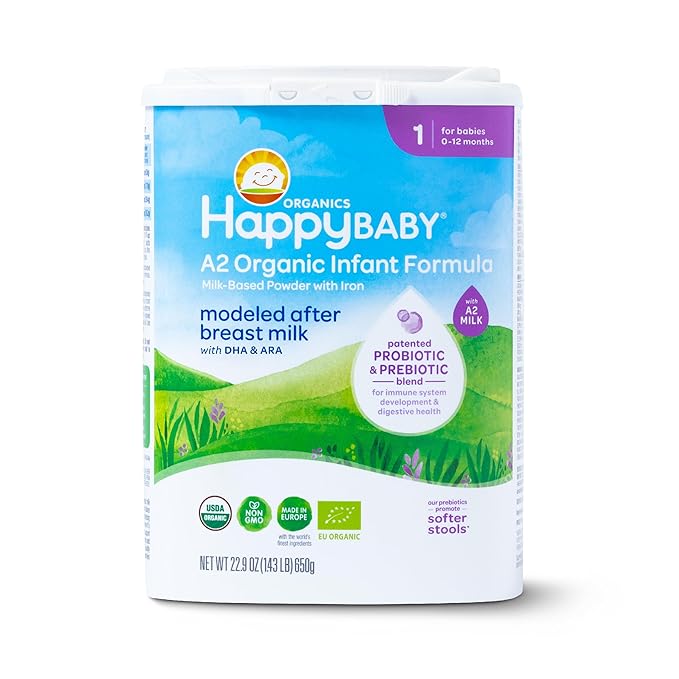 Happy Baby Organics Stage 1 A2 Infant Formula, 0 12 Months, Milk Based Organic Baby Formula Powder with A2 Milk, Probiotics & Prebiotics for Immune & Digestive Support, 22.9 Ounce (Pack of 1)
