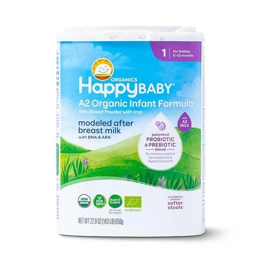 Happy Baby Organics Stage 1 A2 Infant Formula, 0 12 Months, Milk Based Organic Baby Formula Powder with A2 Milk, Probiotics & Prebiotics for Immune & Digestive Support, 22.9 Ounce (Pack of 1)