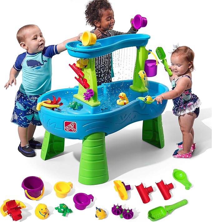 Step2 Rain Showers Splash Pond Water Table, Kids Water and Sand Activity Sensory Playset, Summer Outdoor Toys, 13 Piece Water Toy Accessories, For Toddlers 1.5+ Years Old, Blue & Green