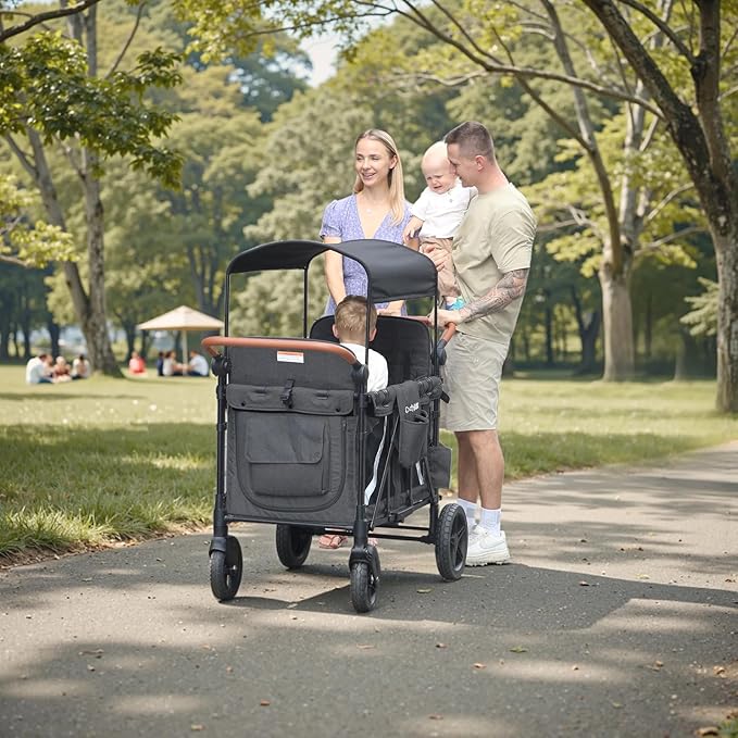 Premium 4-Seater Wagon Stroller for Kids, All-Terrain Heavy Duty Stroller Wagon with 300lb Capacity, 1-Hand Fold, High Seats with 5-Point Harness, Adjustable Canopy & Handlebars, Dark Gray