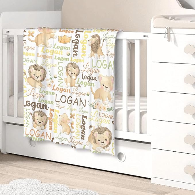 Personalized Baby Blanket for Girls Boys Lion Custom Baby Blanket with Name Swaddle Blanket for Toddlers Infants Kids Shower Newborns Nursery Stroller Crib Decor Throw Birthday Gift