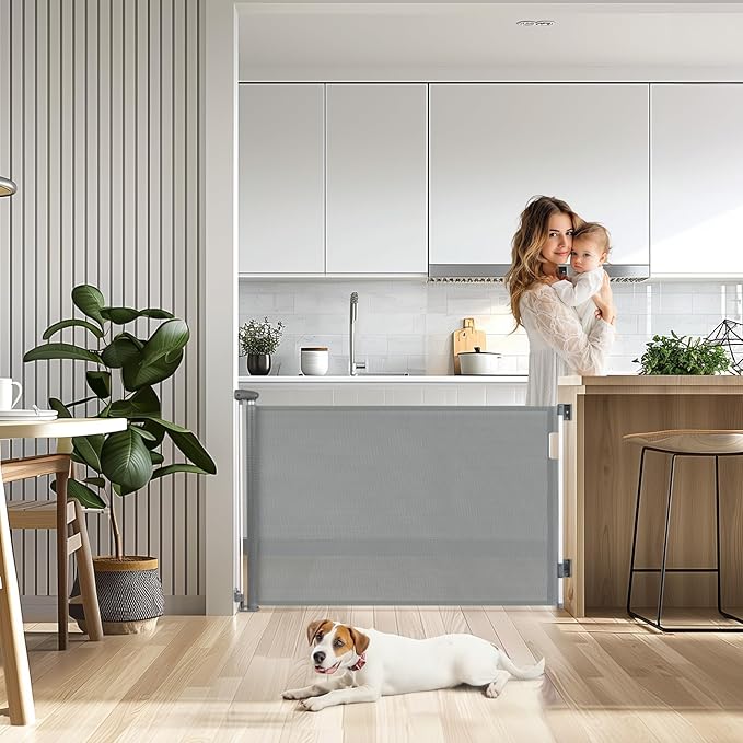 Retractable Baby Gates for Stairs, Dog Gate Indoor Extends to 71" Wide 34" Tall, Child Gates for Doorways, Stair Gate Use for Outdoor, Indoor, Hallways, Doorways, Deck, Porch(Grey)