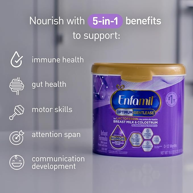 Enfamil Optimum (Enspire) Gentlease, Our Closest Formula to Breast Milk, Immune-Supporting Lactoferrin and Brain-Supporting DHA Baby Formula - Powder 19.5 Oz Tub, Pack of 4