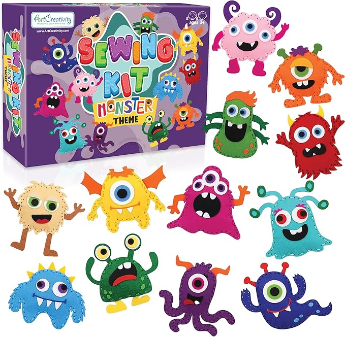 Halloween Monster Craft Sewing Kit for Kids - Sewing Craft Kit with 12 Monster Characters, 6 Child-Friendly Needles, 7 Thread Bundles, 1 Bag of Stuffing, and Scissors - Sewing Craft Ages 5 6 7 8 9 10+