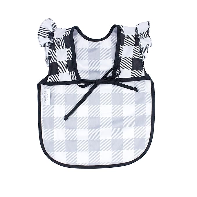 BapronBaby Flutter White Buffalo Plaid Bapron - No Neck Tie Safer Bib for Baby& Toddler - Soft Waterproof Stain Resistant - Machine Washable - Sz Baby/Toddler 6m-3T