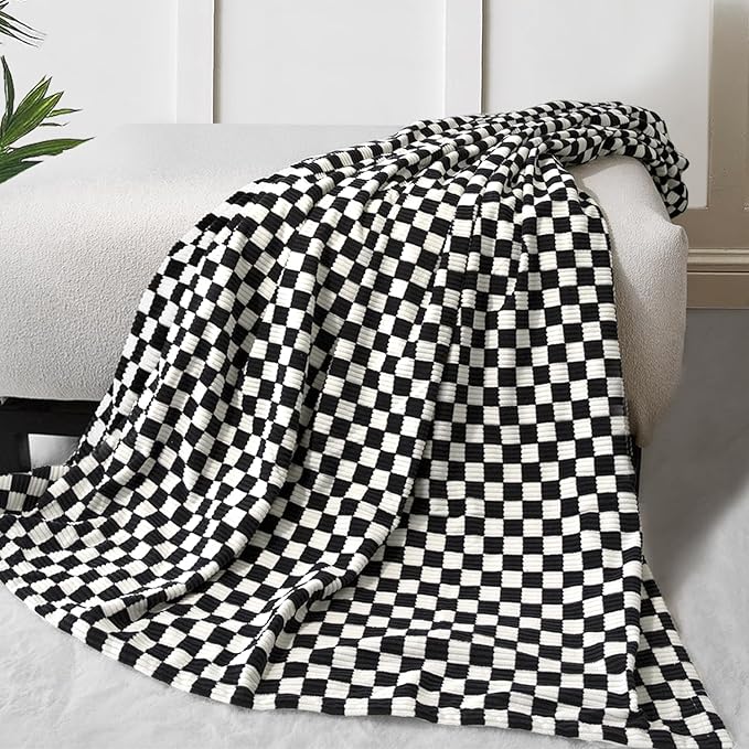 Baby Blanket for Kids Adults Comfy Durable Corduroy Toddler Blanket with Double Layer Dotted Backing Checkerboard Grid Chessboard Gingham Warmer Bed Blankets for All Season Black, 50x60 Inches