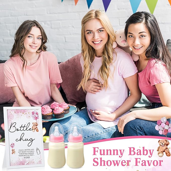 Roowest Bottle Chug Baby Shower Game Favors Including Pink Bear Theme Wooden Sign and 18 Pcs Baby Bottles for Gender Reveal Party Supplies