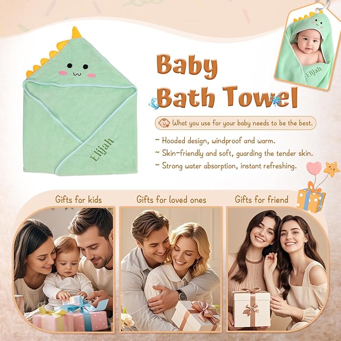 Personalized Baby Towels for Newborn Custom Embroidery Name Hooded Baby Bath Towels for Boy Girl Newborn Essentials Must Haves Shower Gift Soft Coral Velvet 30"x30" (Green)