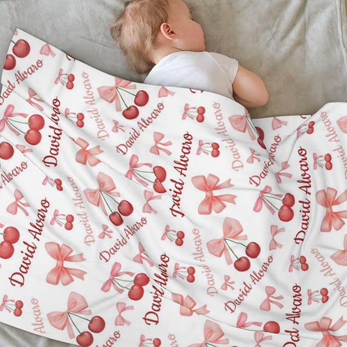 Ship Next Day Custom Name Baby Blanket, Personalized Toddler Blanket with Cherry Pattern, for Baby Boys and Girls
